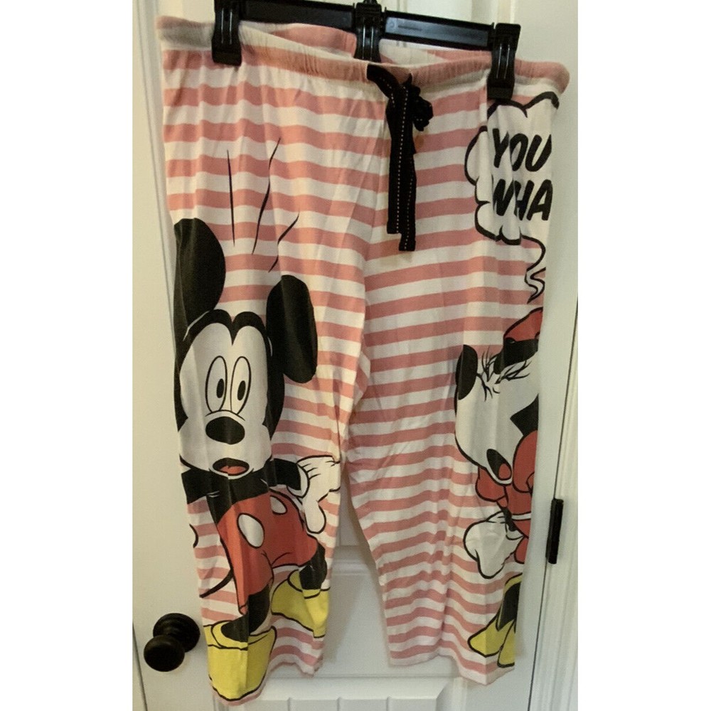 Disney Mickey & Minnie Pink Striped Light Weight Pajama Lounge Pants Cropped XL